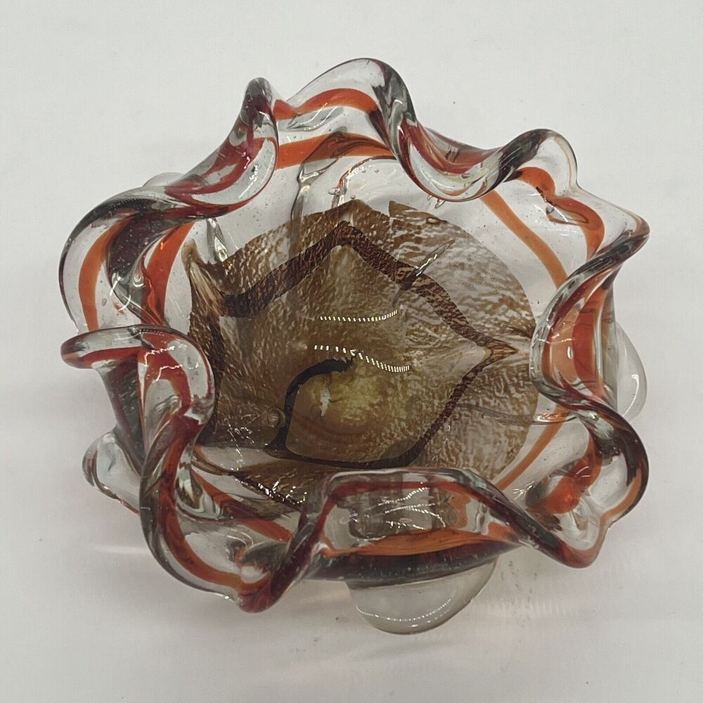 Vintage Murano Italy Art Glass Orange Gold 7" Ruffle Bowl